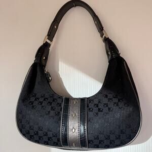 Y2K Liz Claiborne Black Monogram Hobo Shoulder Bag Croc Trim Studded Small